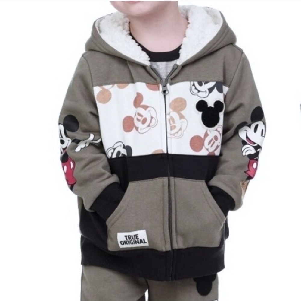 DISNEY Mickey Mouse Grey Full Zip Jacket Faux Fleece Lined Hood Size 5
